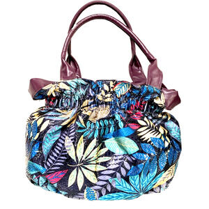 Vintage Bueno Purse Satchel Handbag Wet Look Unique Multi Color Floral Ruffles